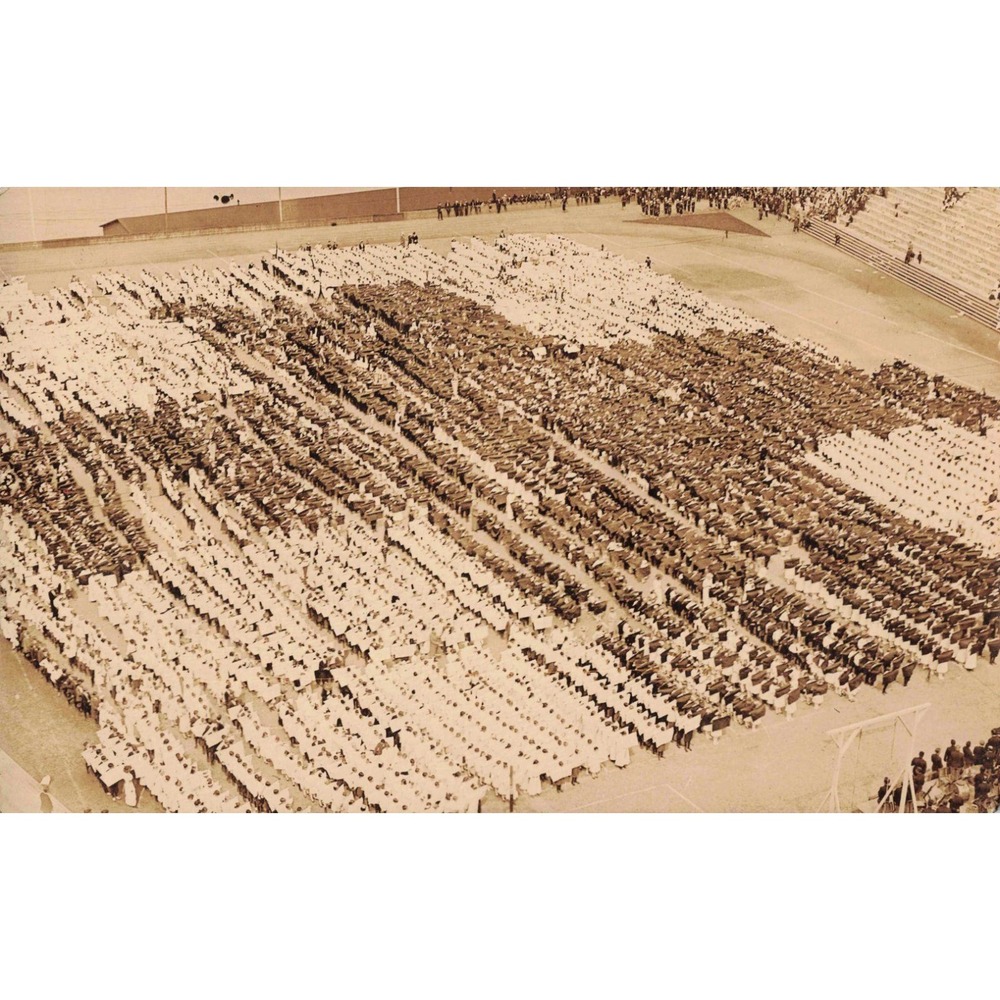 Vintage Red Cross Flag of Peace Human Mosaic Stadium Postcard 14000 Children - Picture 1 of 2